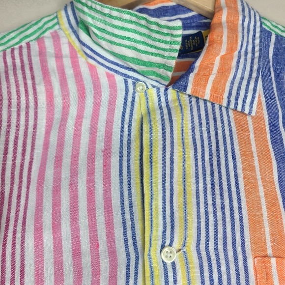 Polo Ralph Lauren Camp Shirt Men Large Multi Striped 100% Linen Loop Collar - Picture 5 of 8